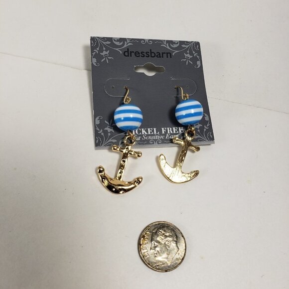 Women's Polished Gold tone Anchor White & Blue Beads Drop Dangle Earrings - Picture 7 of 7